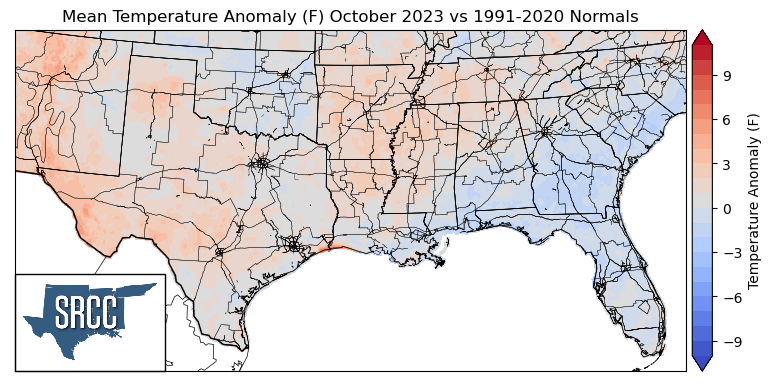 Graphic showing the mean temperature anomalies across the Southern Region for October
