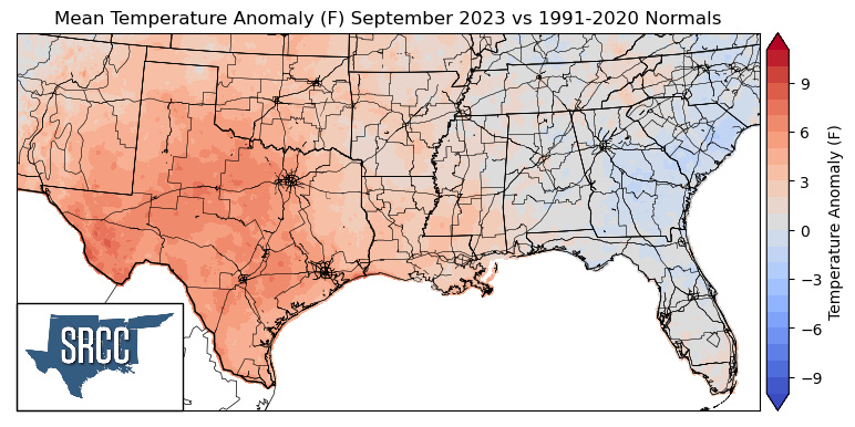 Graphic showing the mean temperature anomalies across the Southern Region for September