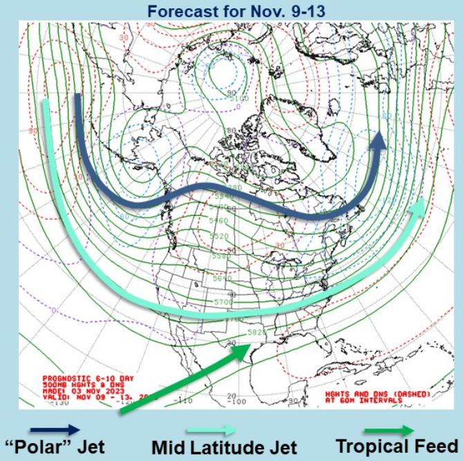 Map showing the forecasted upper-level weather pattern