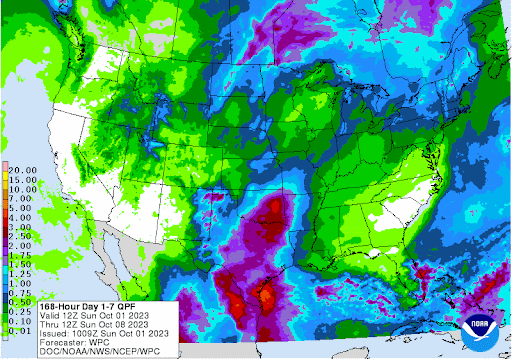 Map showing forecasted 7 day precipitation accumulation