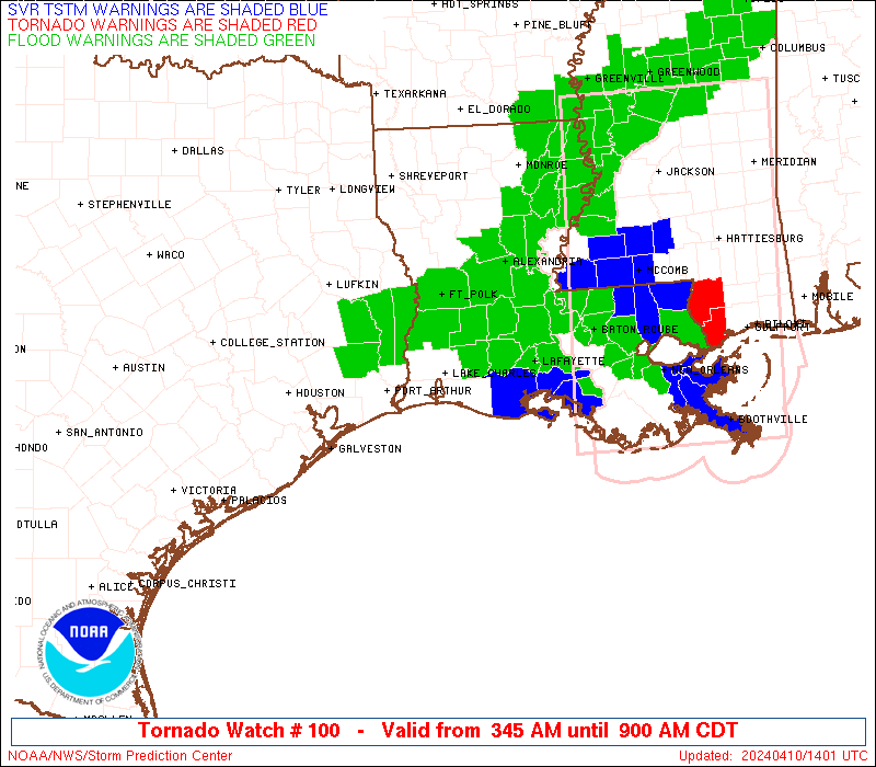 Map of weather warnings in Louisiana on Wednesday